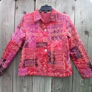 French Laundry Size S Red Embroidered Patchwork Satin Jacket Shell Button